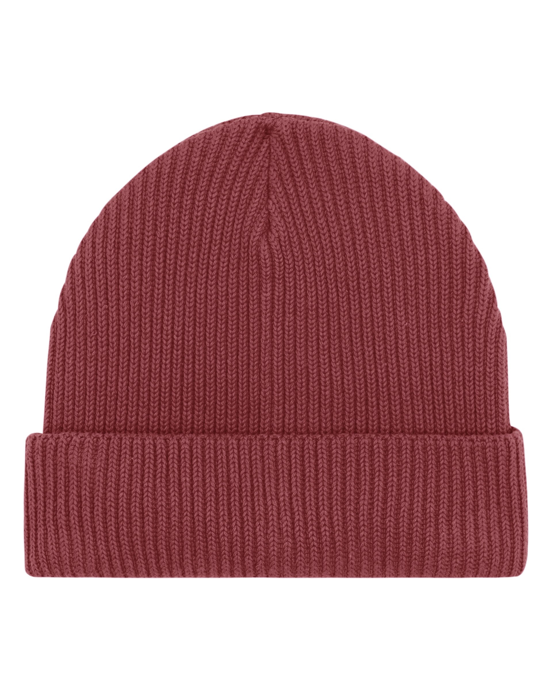 Bonnet Fisherman Beanie porté, coloris Red Earth