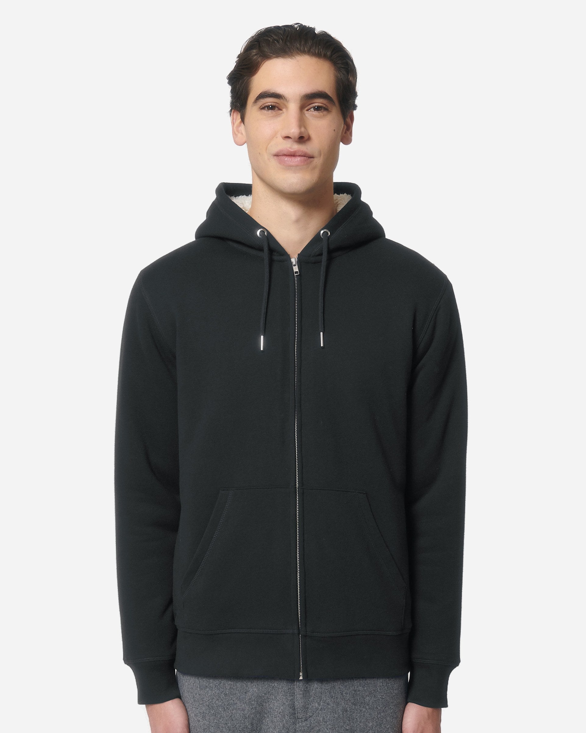 Sweat à capuche zippé unisexe Hygger Sherpa porté, coloris Black