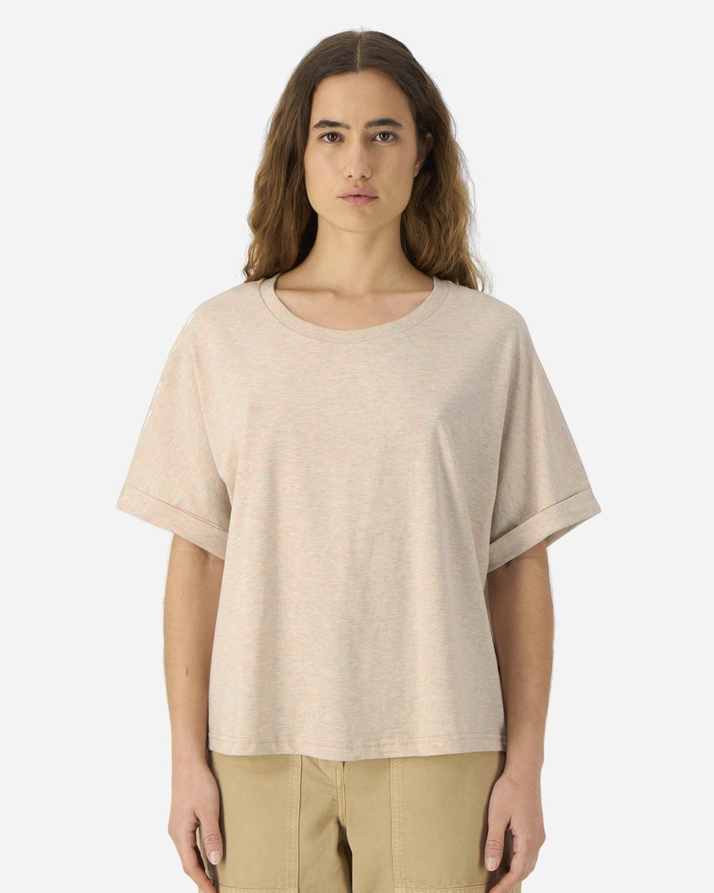 T-shirt femme Stella Collider porté, coloris Heather Rainbow