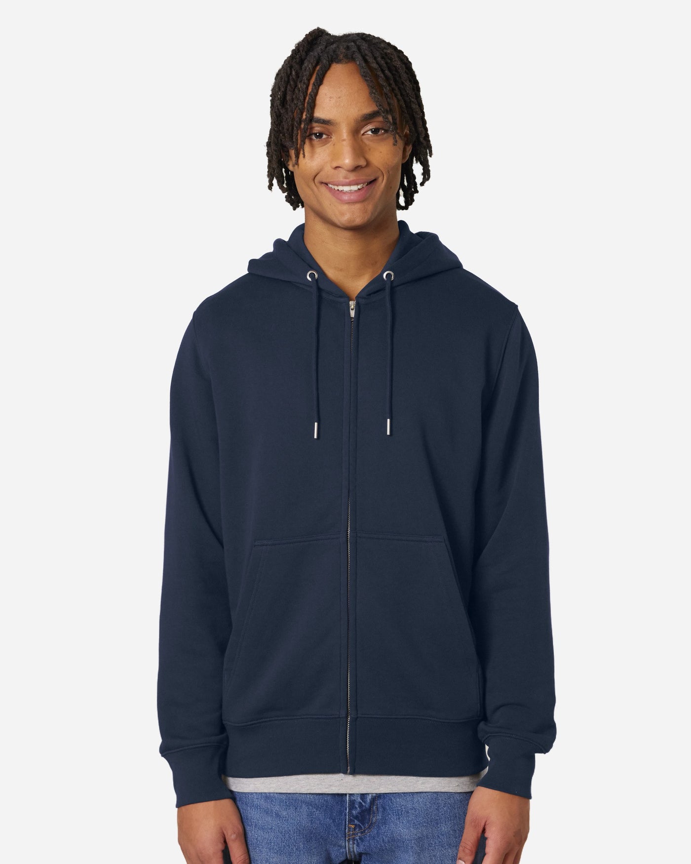 Sweat à capuche zippé unisexe Connector 2.0 porté, coloris French Navy