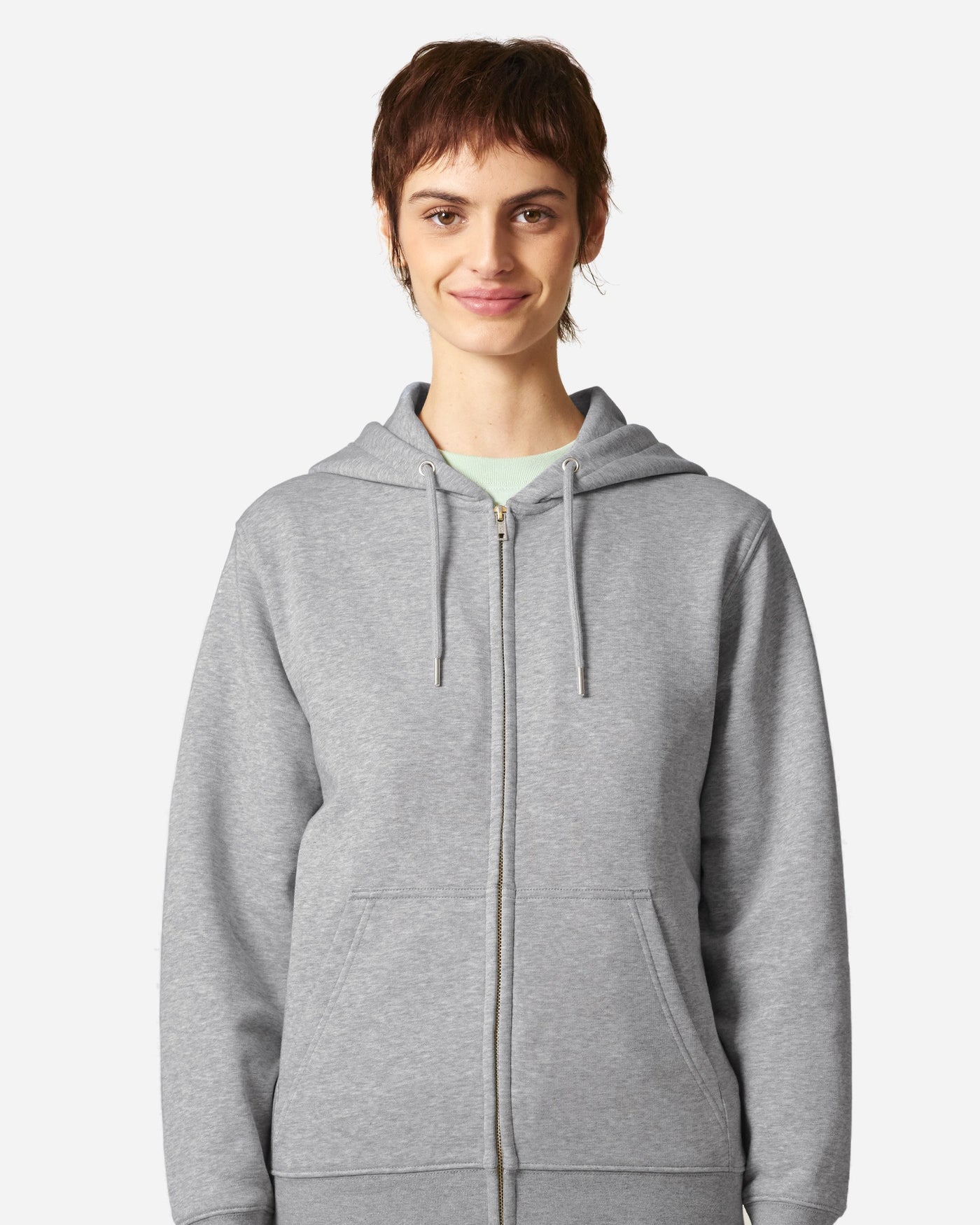 Sweat à capuche zippé unisexe Connector 2.0 porté, coloris Heather Grey