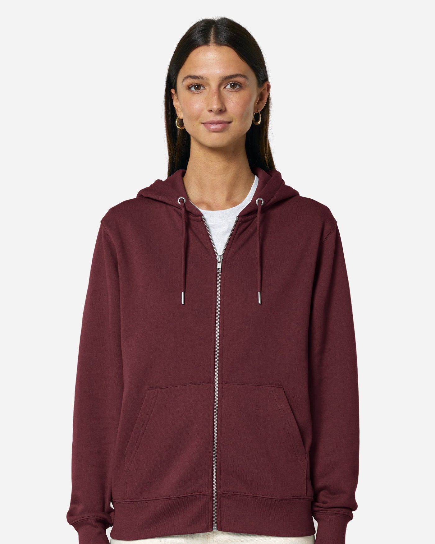 Sweat à capuche zippé unisexe Cultivator 2.0 porté, coloris Burgundy