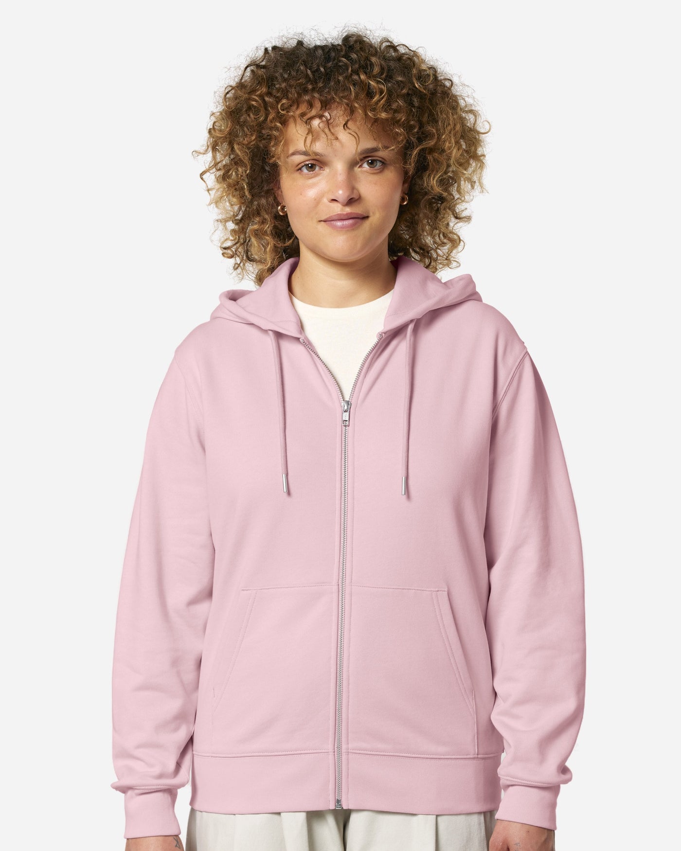 Sweat à capuche zippé unisexe Cultivator 2.0 porté, coloris Cotton Pink