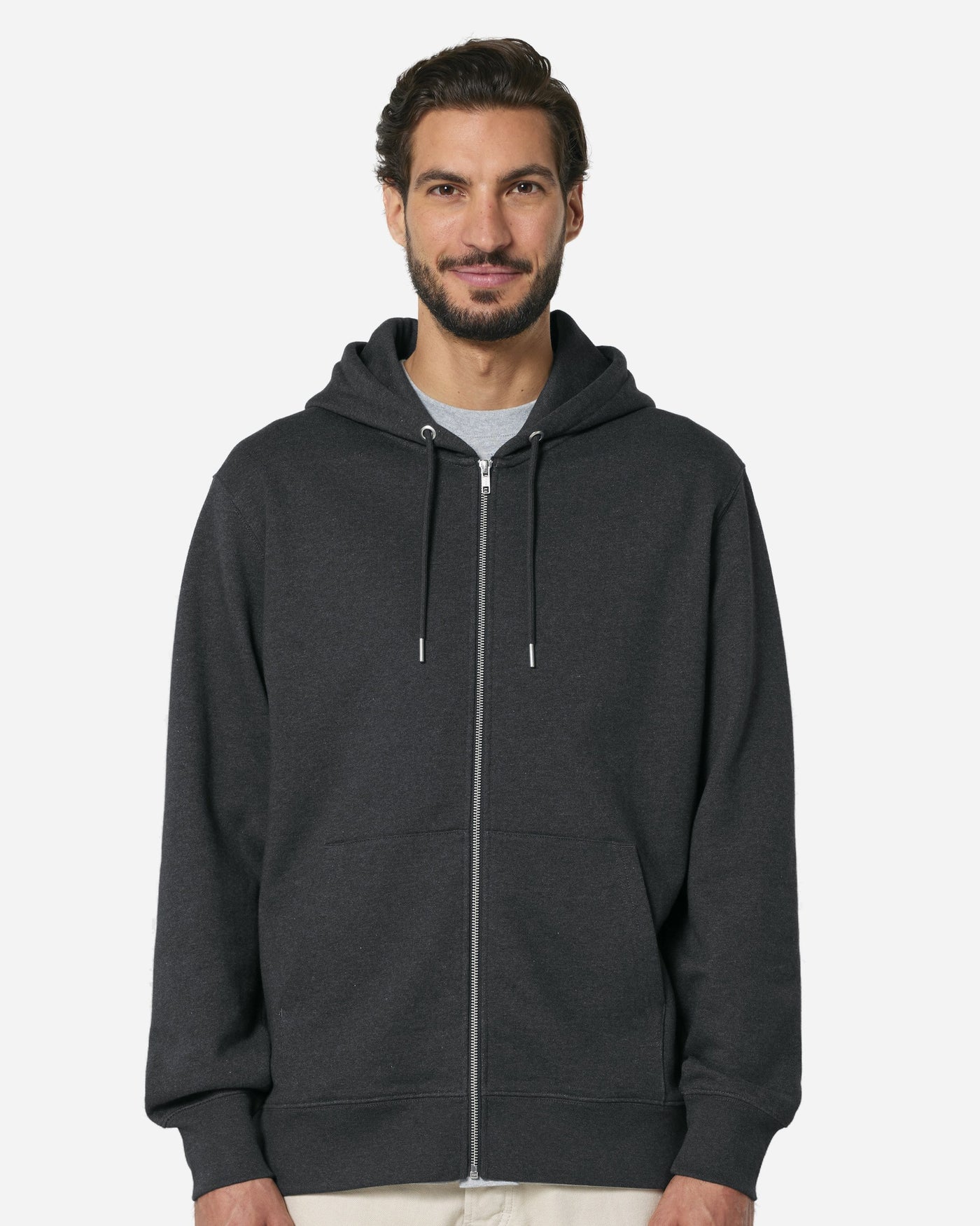 Sweat à capuche zippé unisexe Cultivator 2.0 porté, coloris Dark Heather Grey