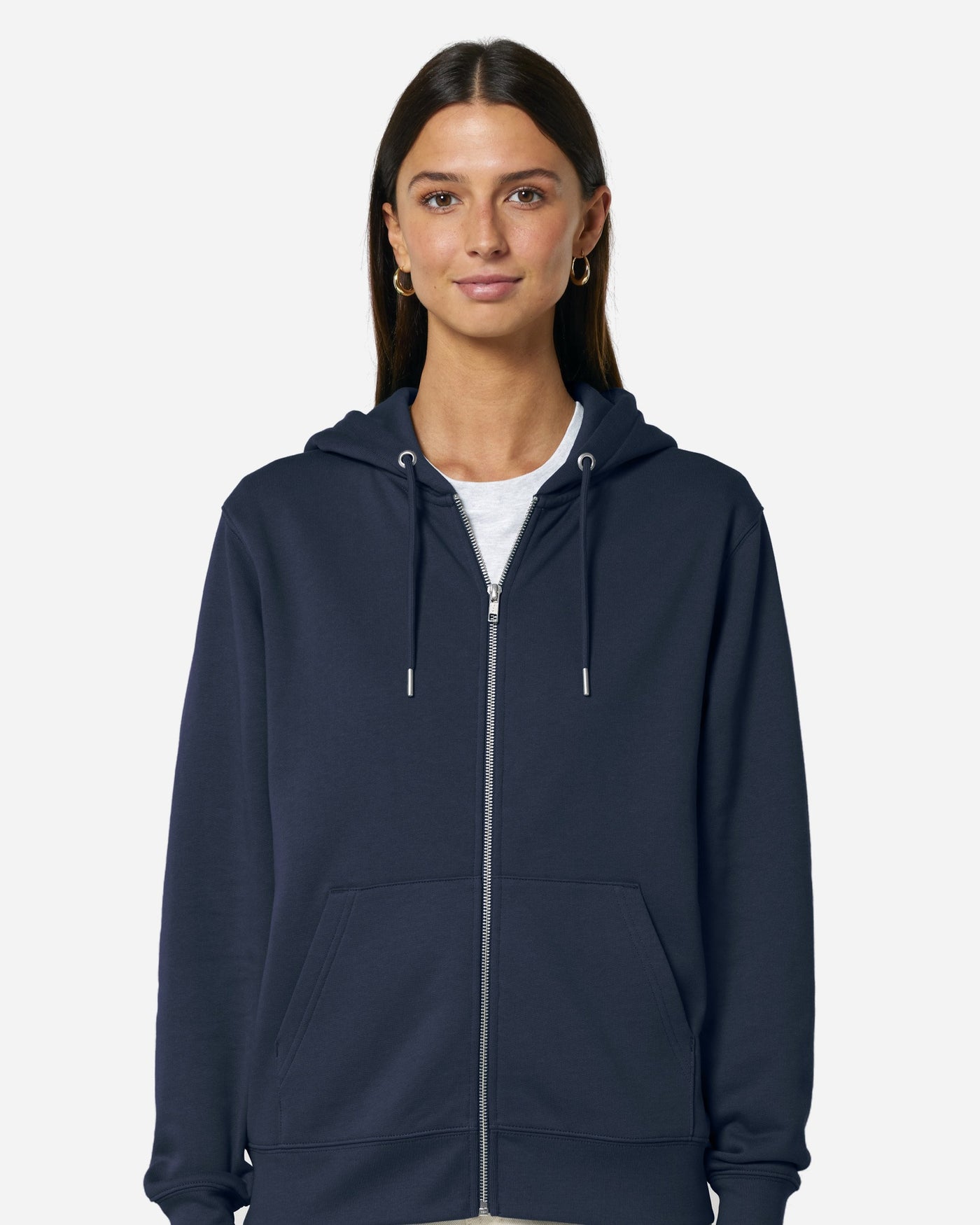 Sweat à capuche zippé unisexe Cultivator 2.0 porté, coloris French Navy