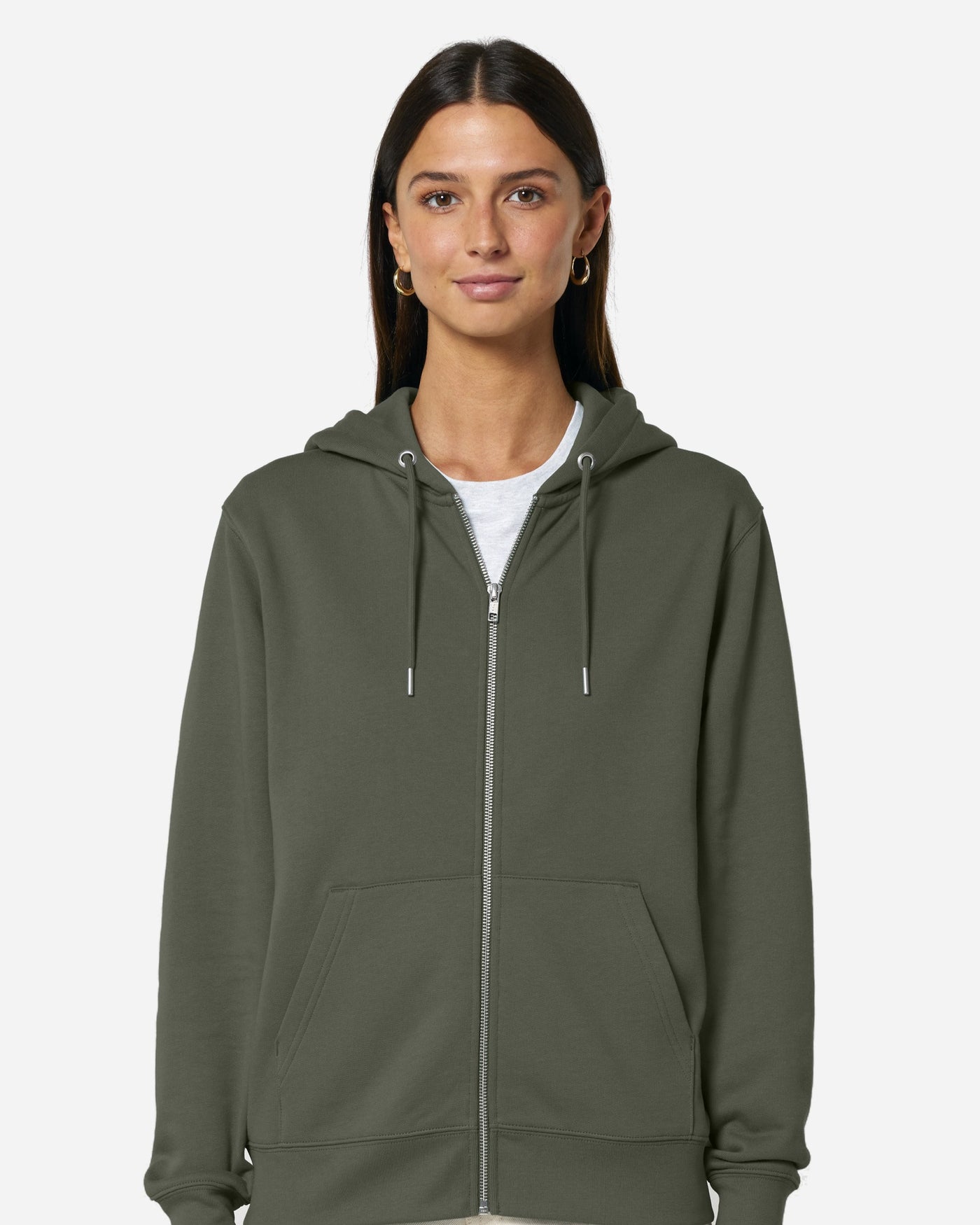 Sweat à capuche zippé unisexe Cultivator 2.0 porté, coloris Khaki