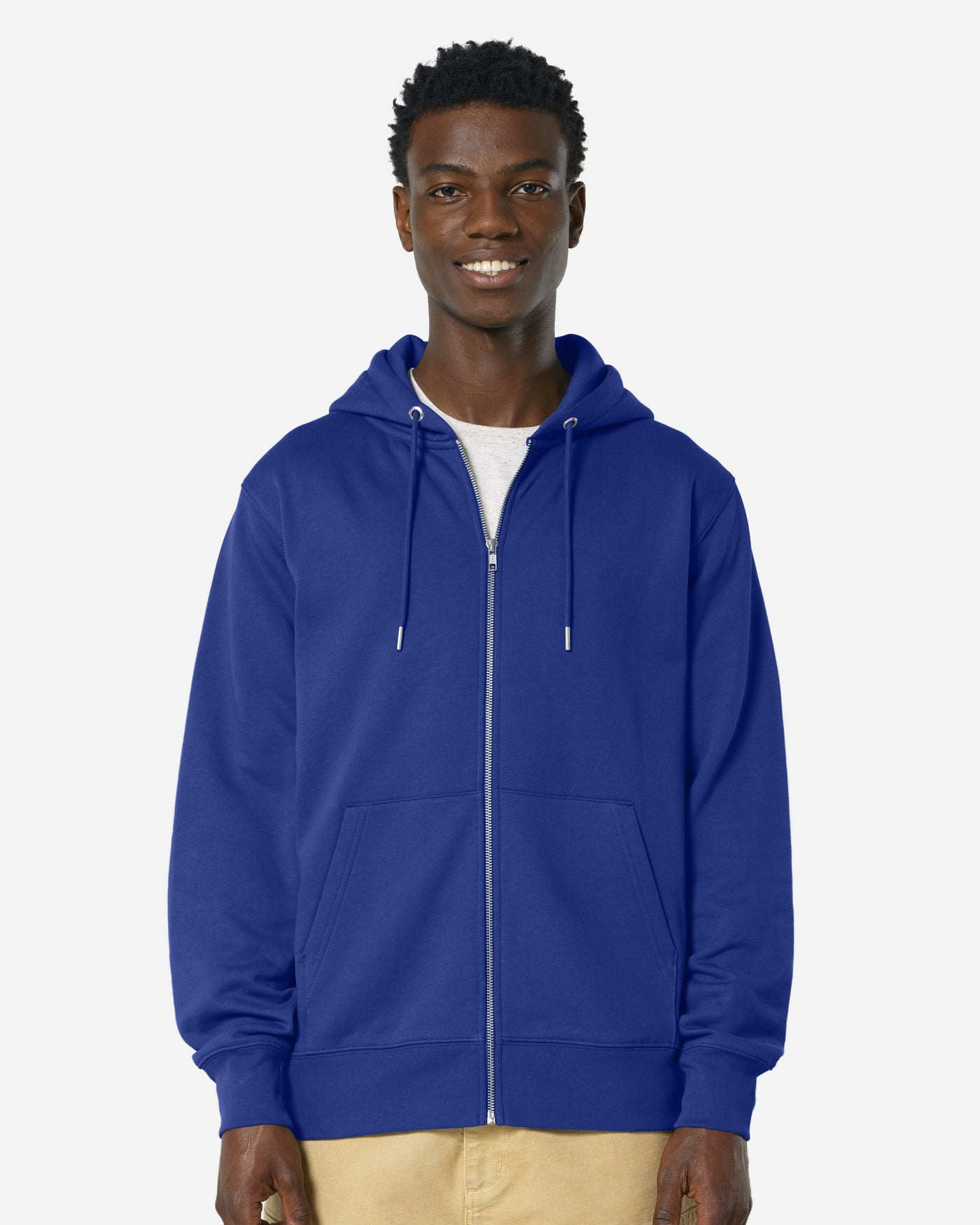 Sweat à capuche zippé unisexe Cultivator 2.0 porté, coloris Worker Blue