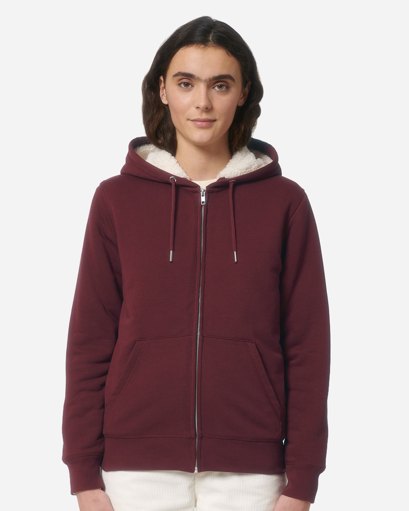 Sweat à capuche zippé unisexe Hygger Sherpa porté, coloris Burgundy