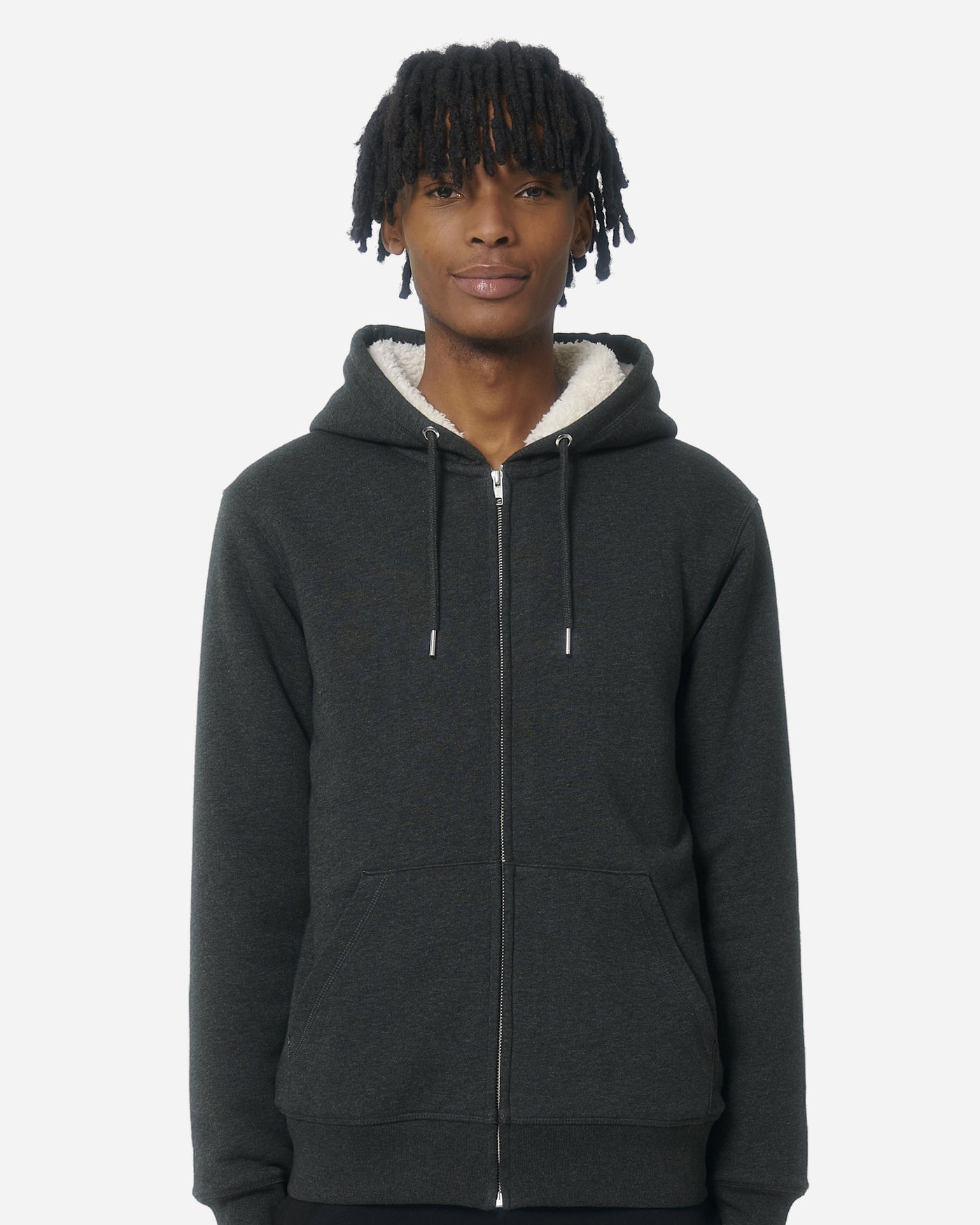 Sweat à capuche zippé unisexe Hygger Sherpa porté, coloris Dark Heather Grey