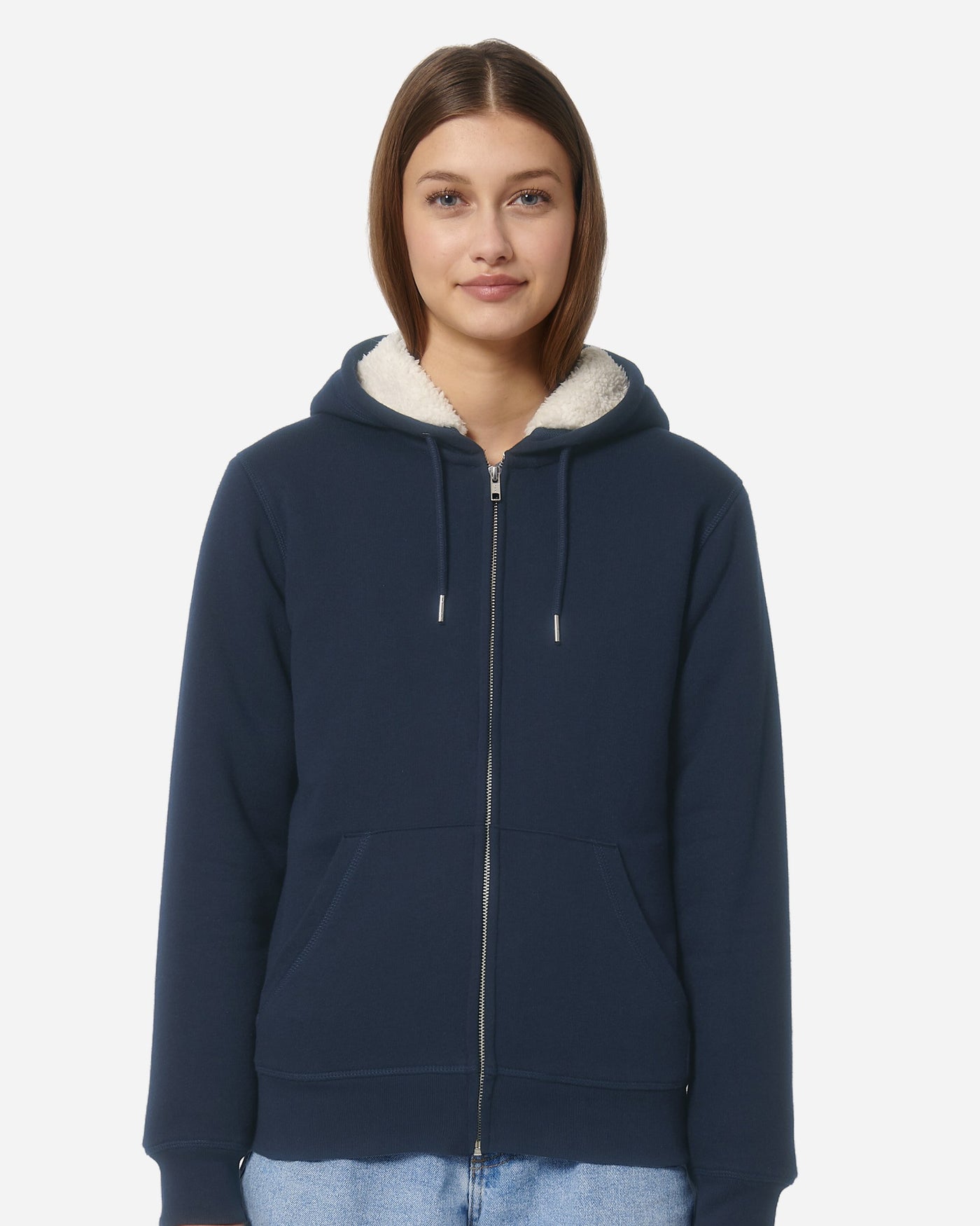 Sweat à capuche zippé unisexe Hygger Sherpa porté, coloris French Navy