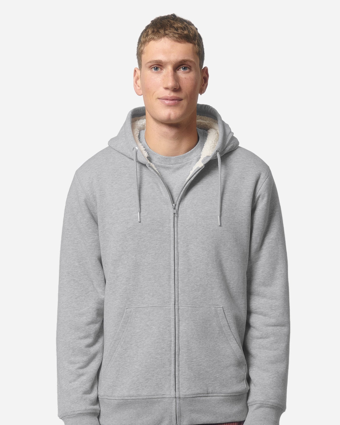 Sweat à capuche zippé unisexe Hygger Sherpa porté, coloris Heather Grey