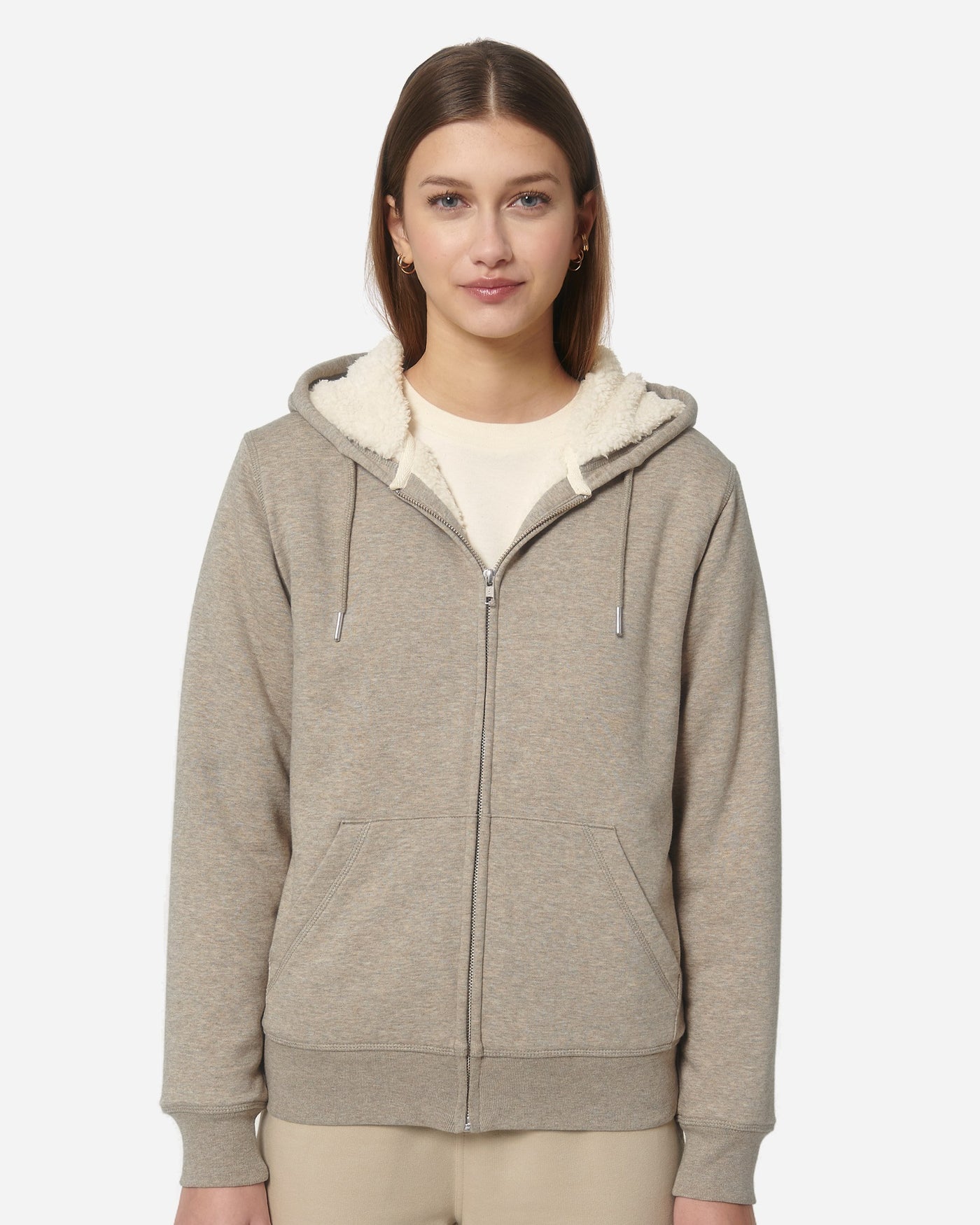 Sweat à capuche zippé unisexe Hygger Sherpa porté, coloris Heather Sand