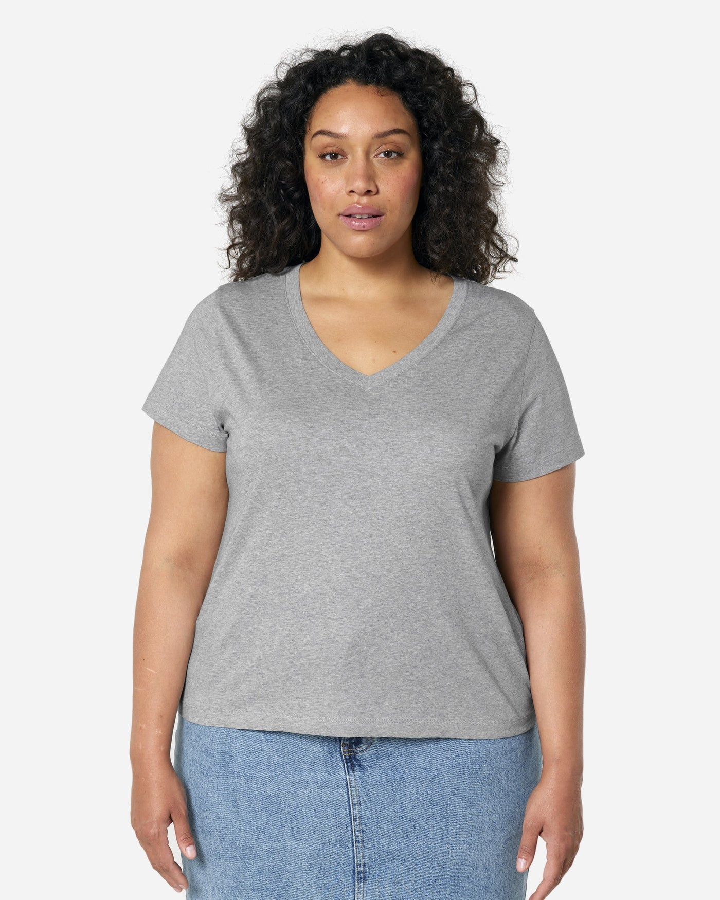 T-shirt femme Stella Isla porté, coloris Heather Grey
