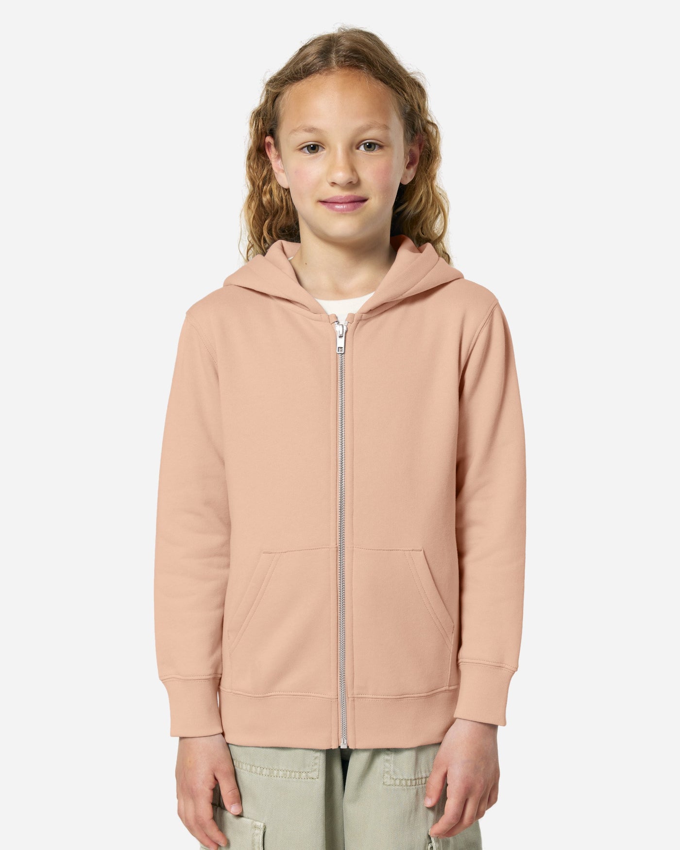 Sweat à capuche zippé enfant Mini Cultivator 2.0 porté, coloris Fraiche Peche