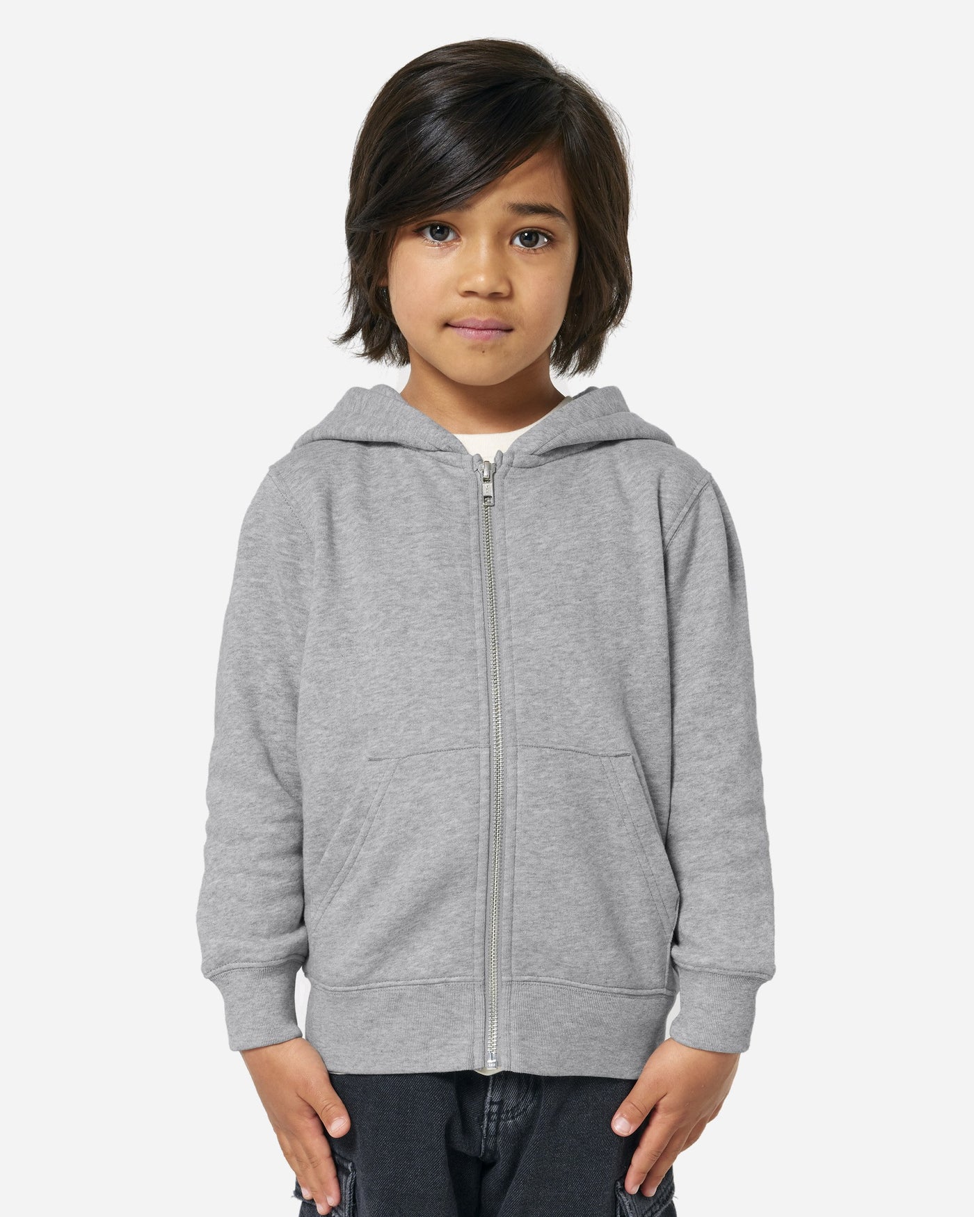 Sweat à capuche zippé enfant Mini Cultivator 2.0 porté, coloris Heather Grey