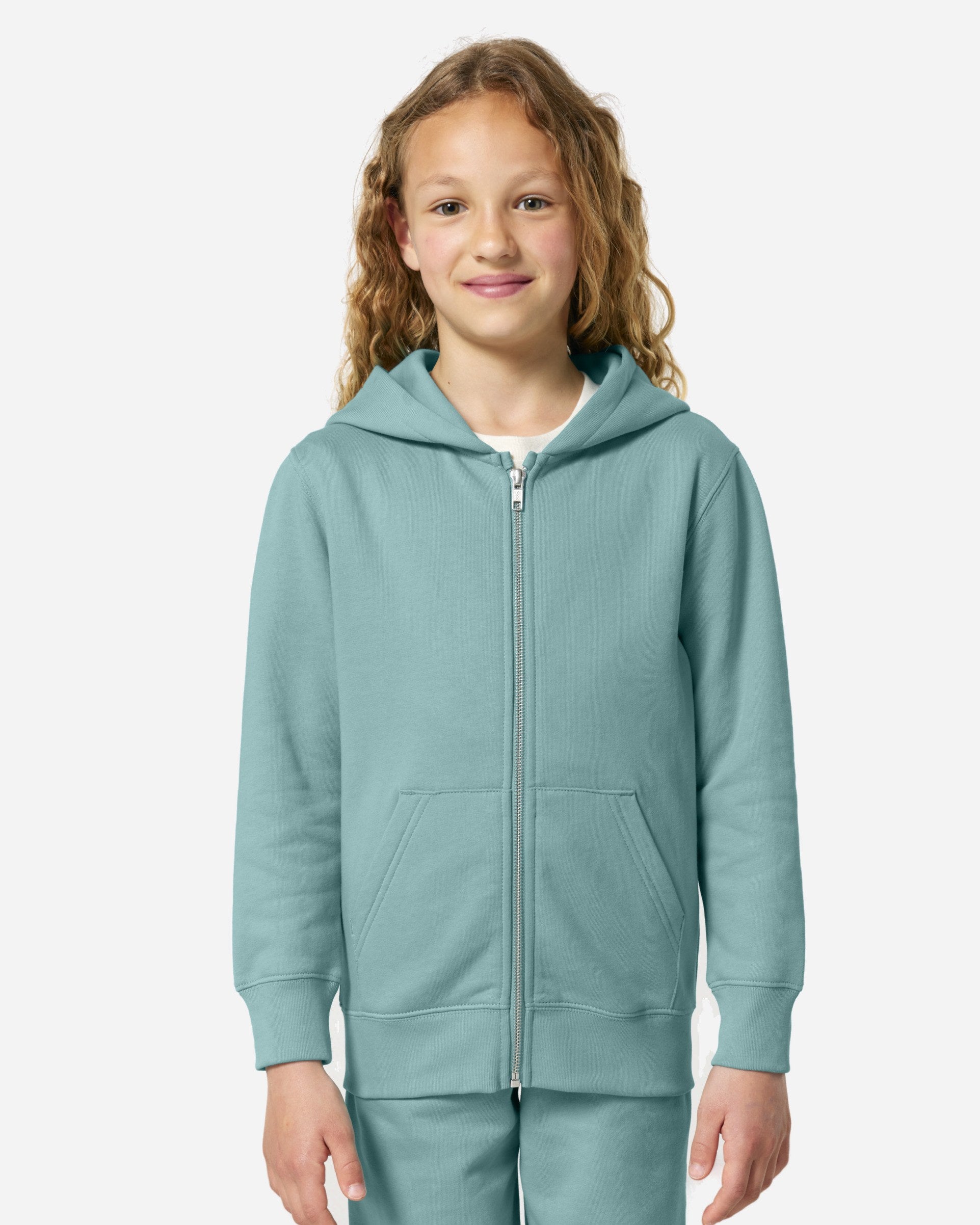 Sweat à capuche zippé enfant Mini Cultivator 2.0 porté, coloris Teal Monstera