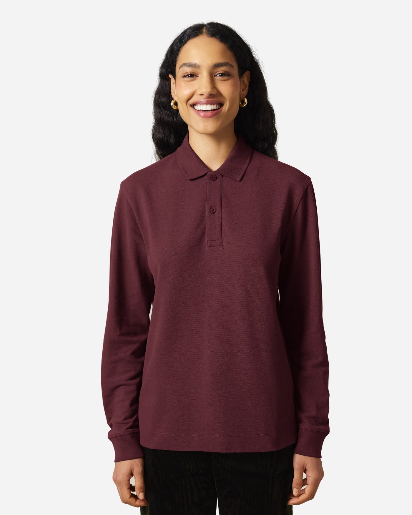 Polo manches longues unisexe Prepster 2.0 porté, coloris Burgundy