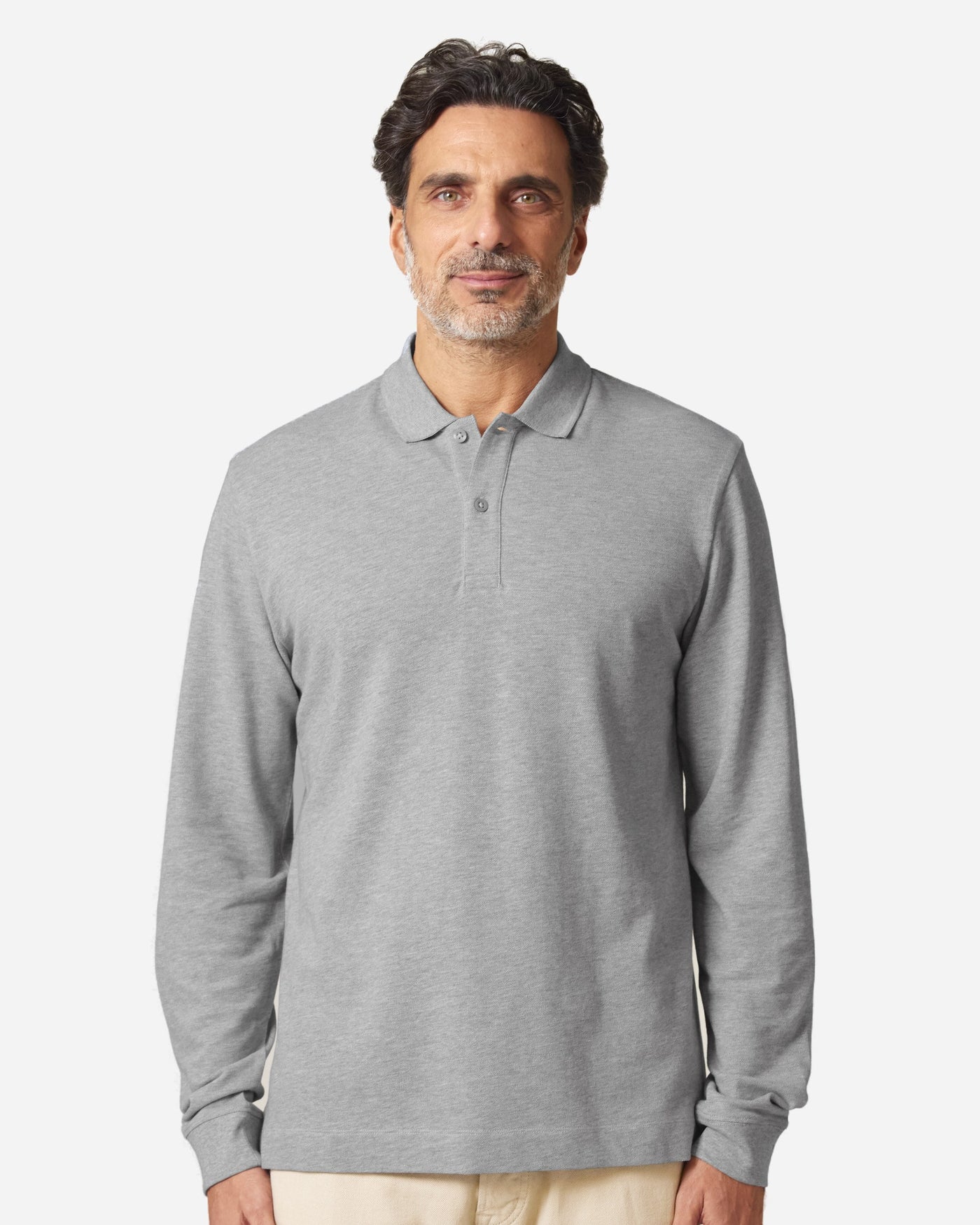 Polo manches longues unisexe Prepster 2.0 porté, coloris Heather Grey