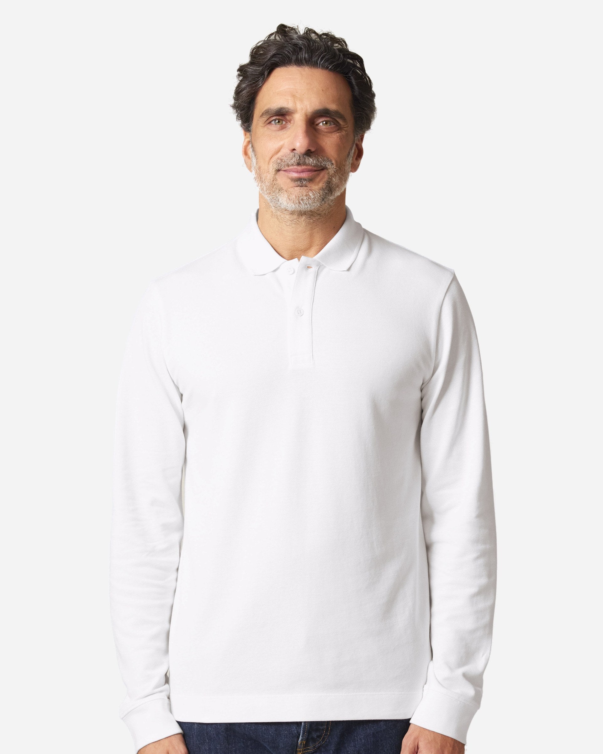 Polo manches longues unisexe Prepster 2.0 porté, coloris White