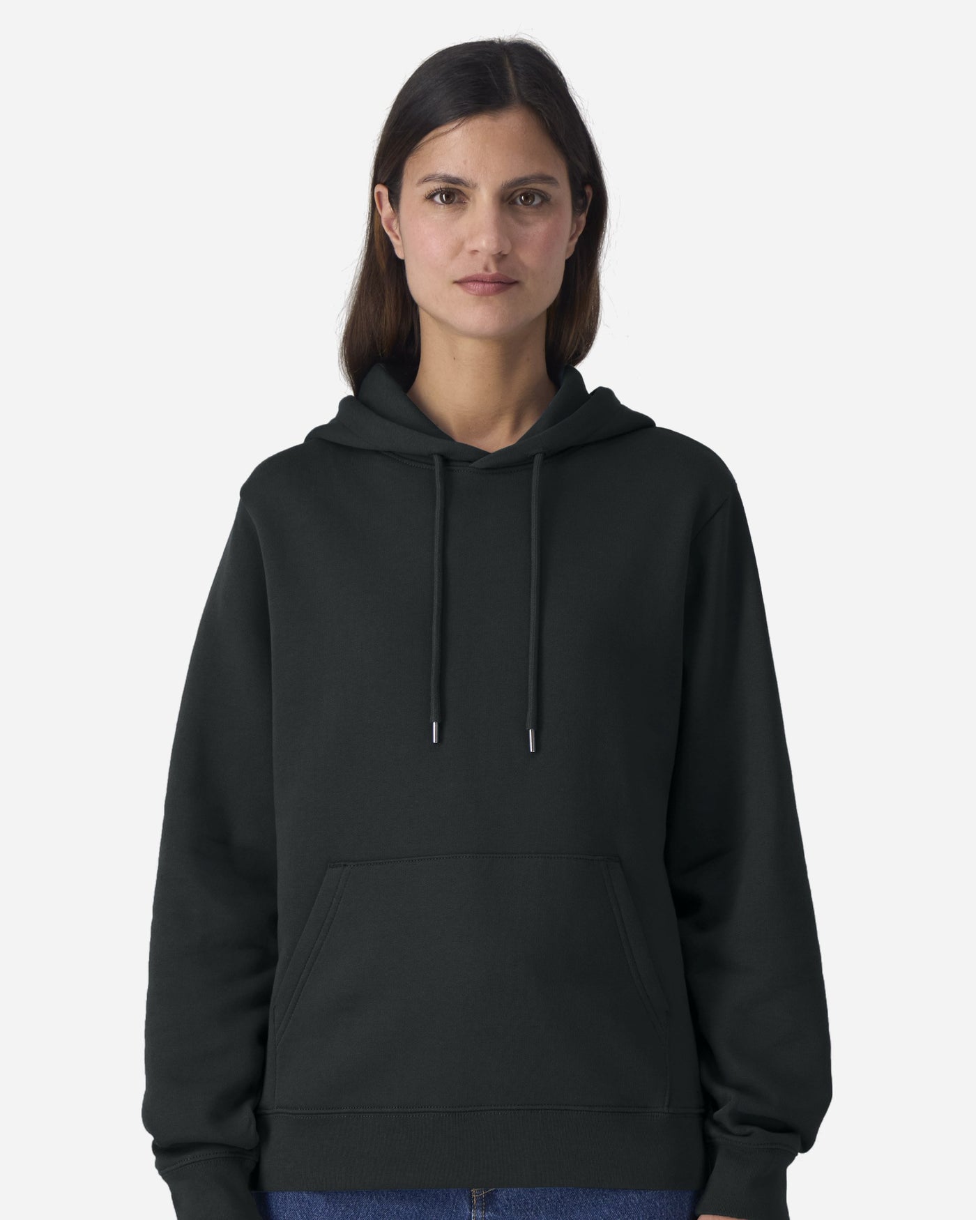 Sweat à capuche femme Stella Gamechanger porté, coloris Black