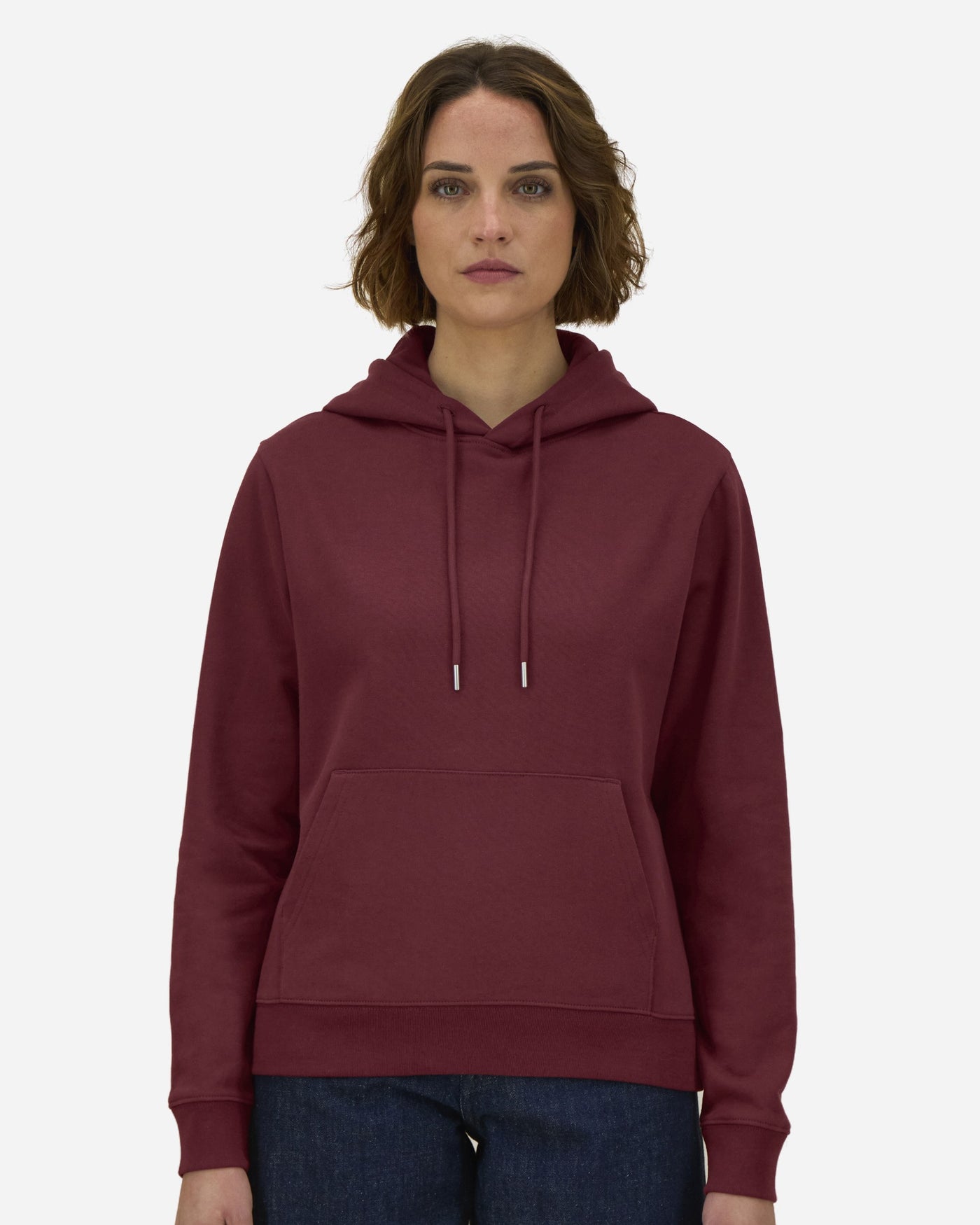 Sweat à capuche femme Stella Gamechanger porté, coloris Burgundy