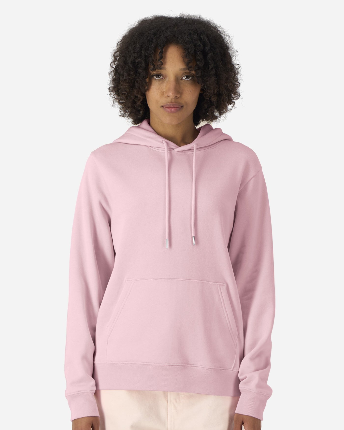 Sweat à capuche femme Stella Gamechanger porté, coloris Cotton Pink