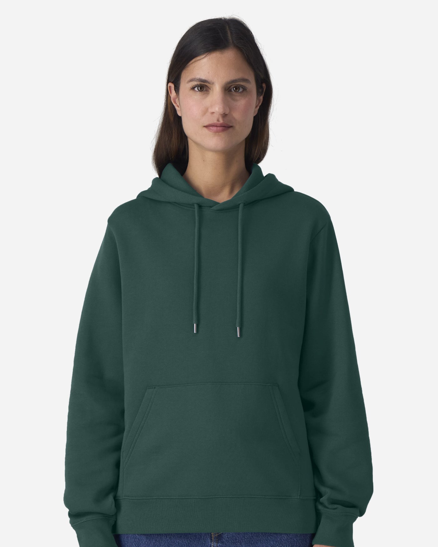 Sweat à capuche femme Stella Gamechanger porté, coloris Glazed Green
