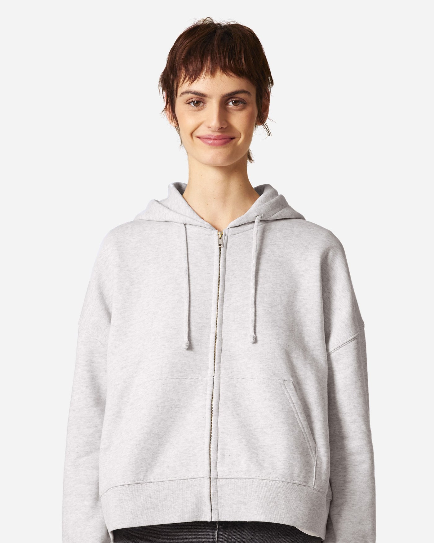 Sweat à capuche zippé femme Stella Ida porté, coloris Cool Heather Grey