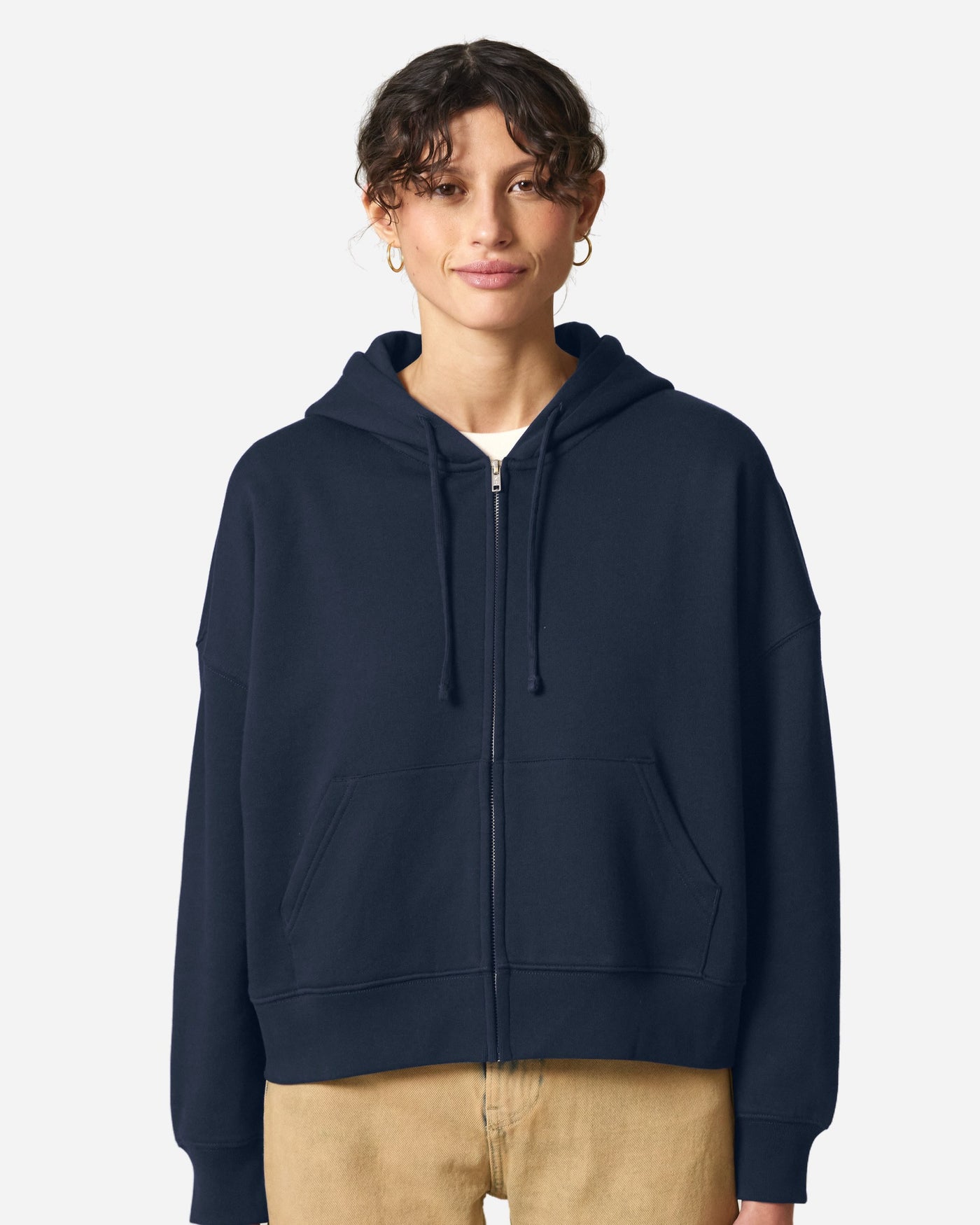 Sweat à capuche zippé femme Stella Ida porté, coloris French Navy
