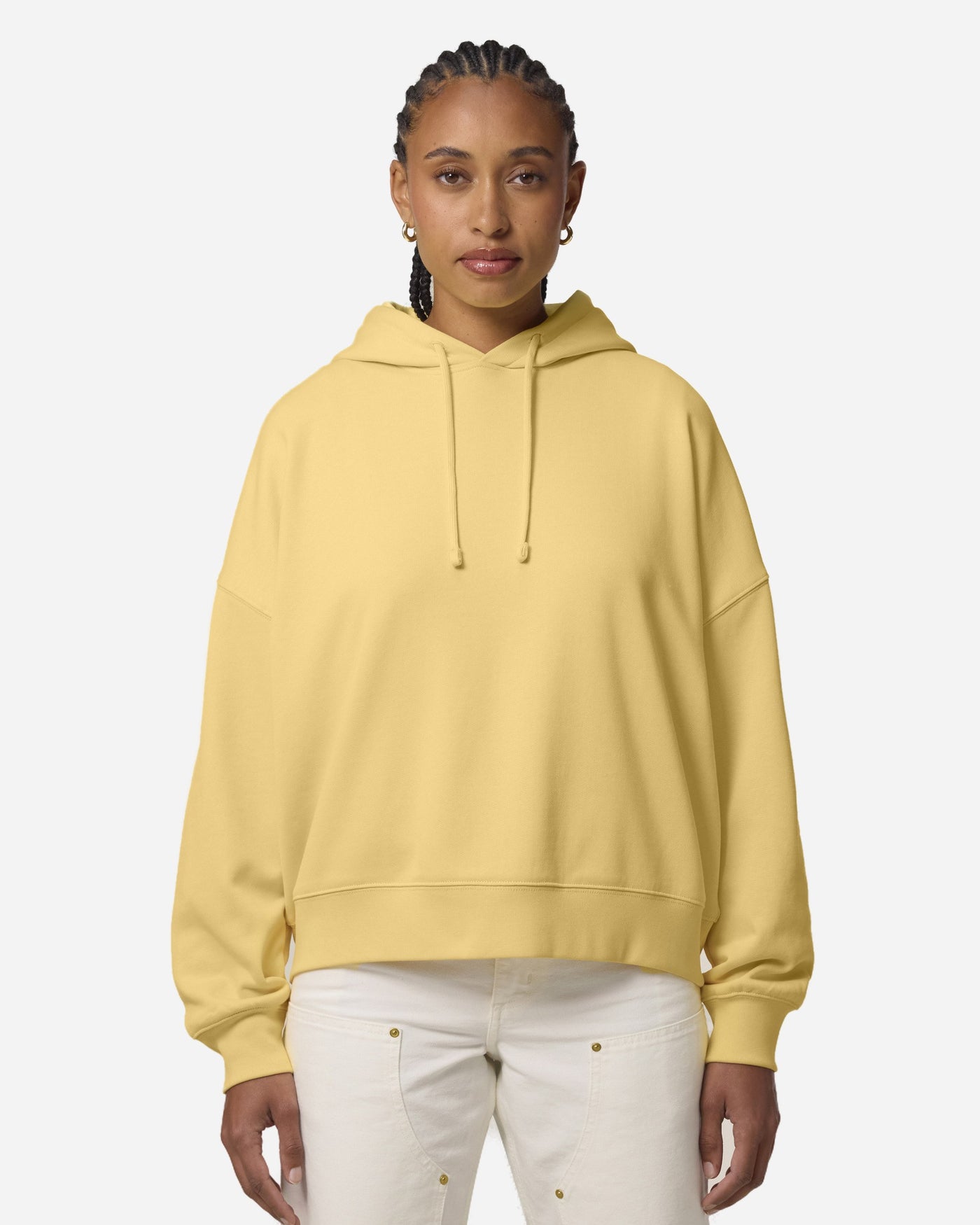 Sweat à capuche femme Stella Nora porté, coloris Viva Yellow