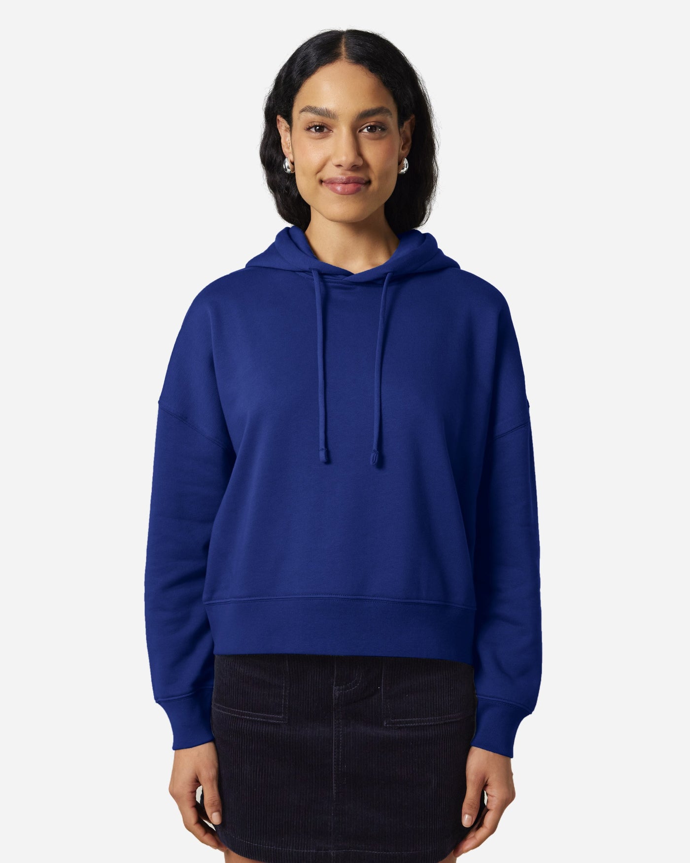 Sweat à capuche femme Stella Nora porté, coloris Worker Blue