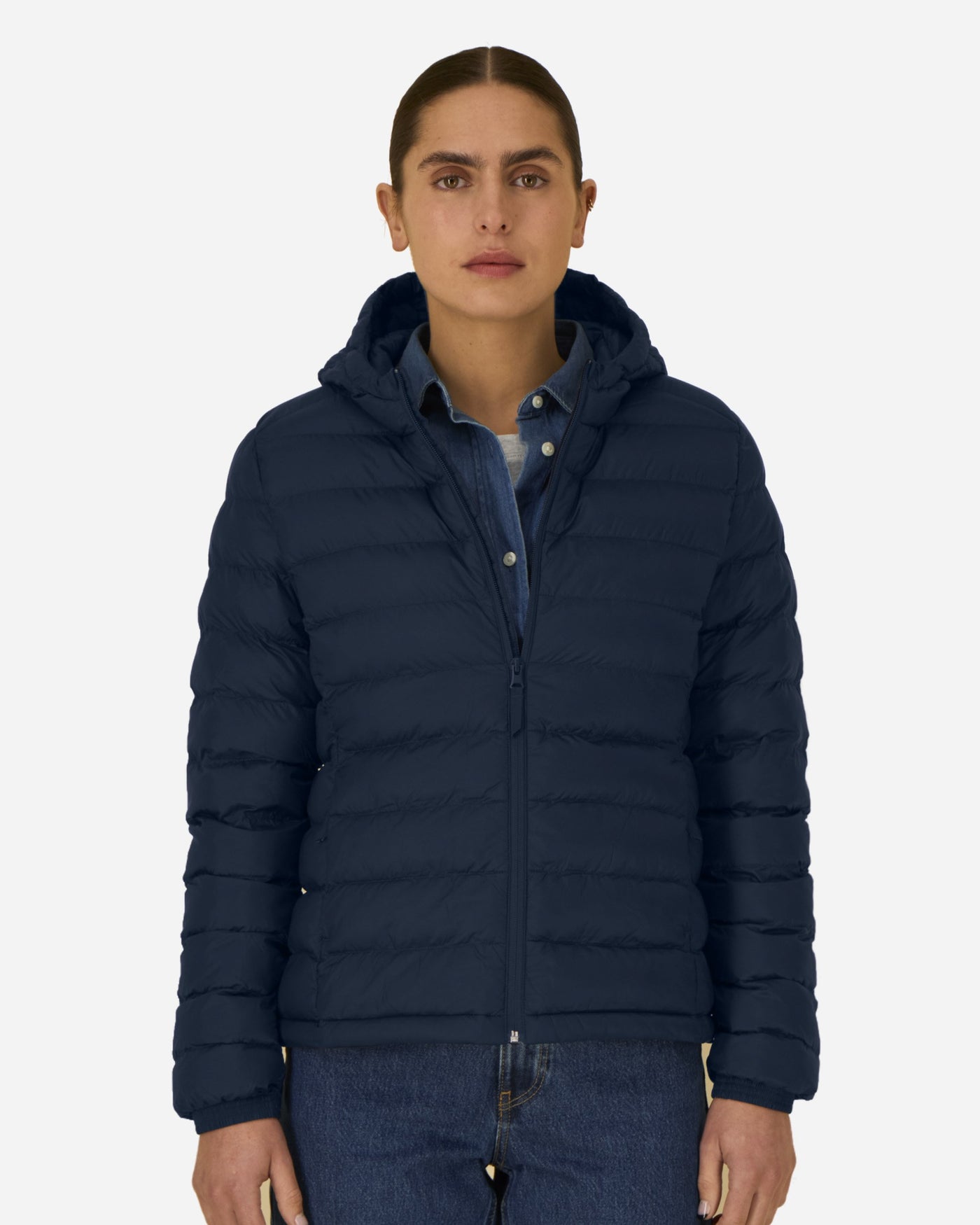 Doudoune à capuche femme Stella Voyager 2.0 porté, coloris French Navy