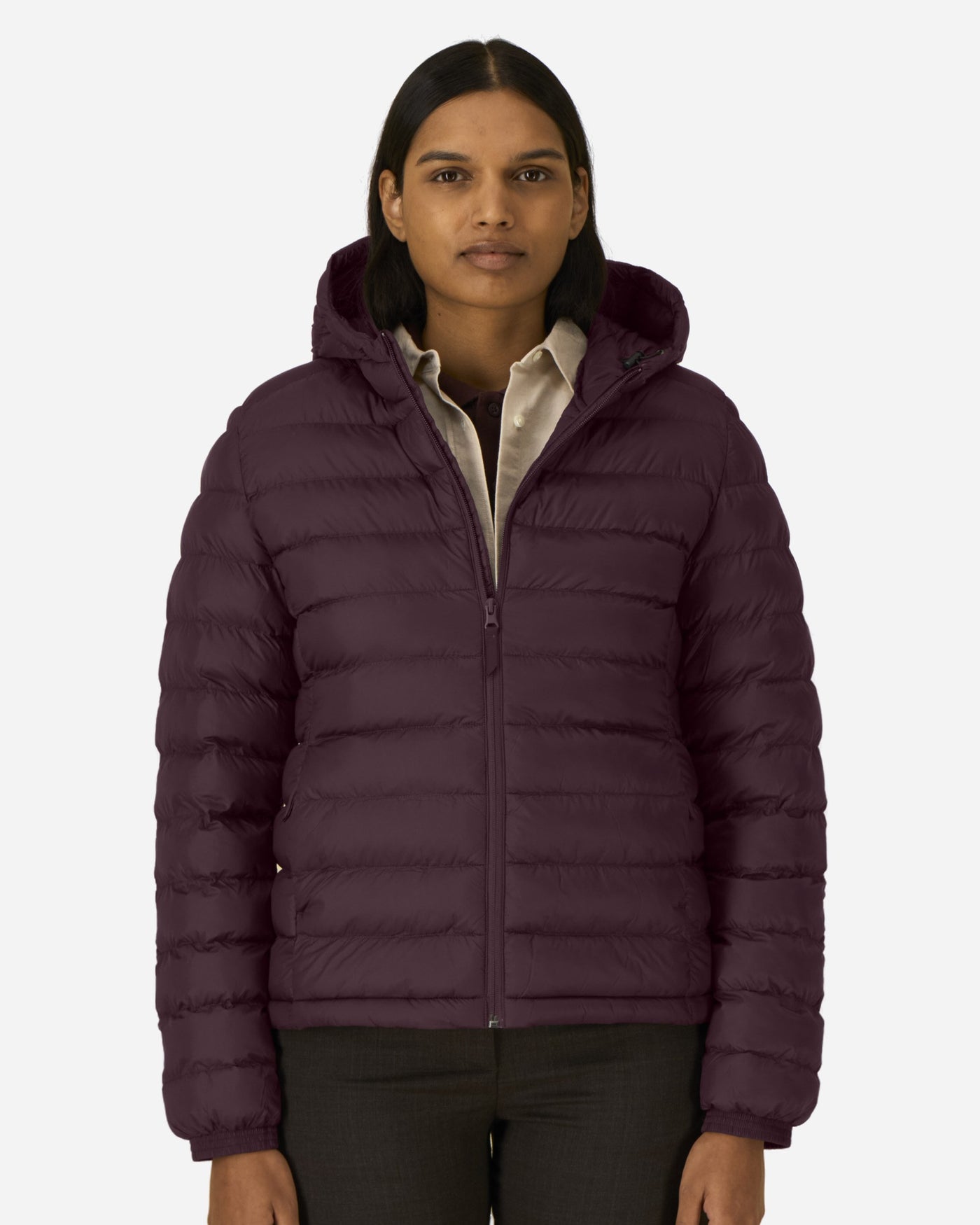 Doudoune à capuche femme Stella Voyager 2.0 porté, coloris Red Brown