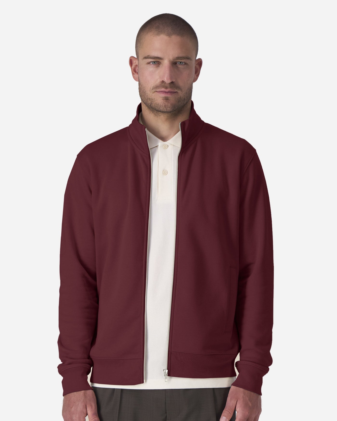 Sweat zippé unisexe Trailer 2.0 porté, coloris Burgundy